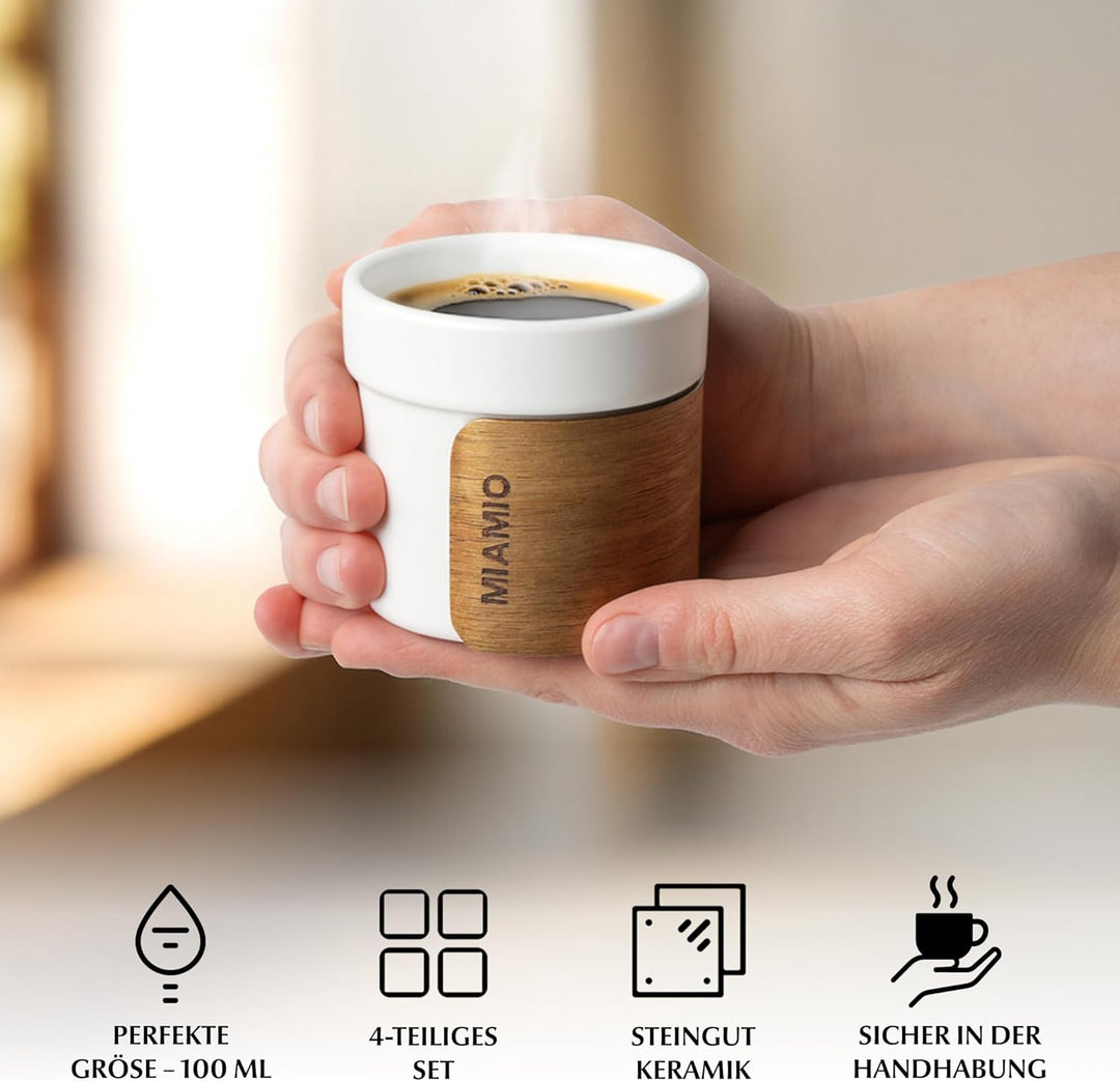 MIAMIO – Espressotassen 4er Set (100 ml) mit abnehmbarer Holzmanschette/Keramik Tassen ohne Henkel,