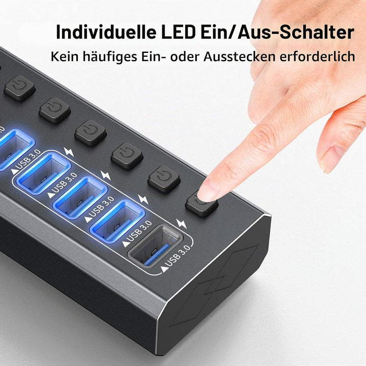 USB-3.0-Hub-betrieben, Aluminium, 7 USB-Ports, SuperSpeed-Daten-Hub mit 12 V/2 A Netzteil und indivi