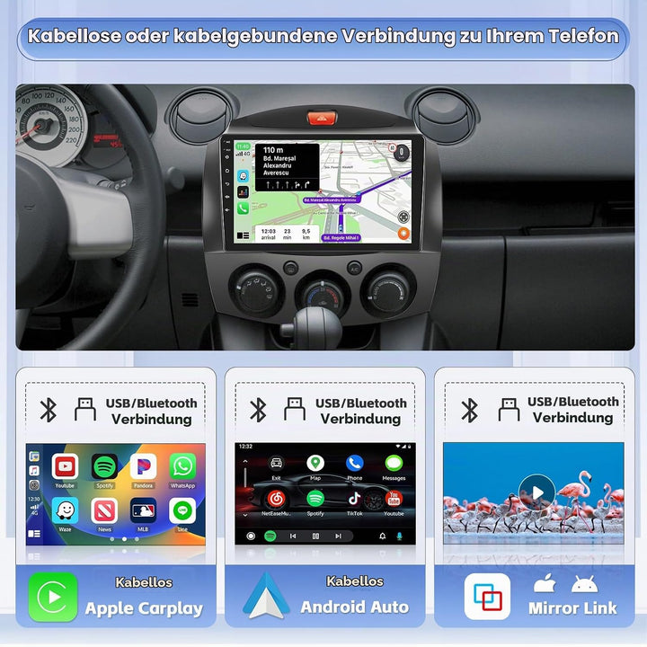 Hikity 8 Core 4GB+64GB Android 15 Autoradio für Mazda 2 2007-2014 Radio Wireless CarPlay Android Aut
