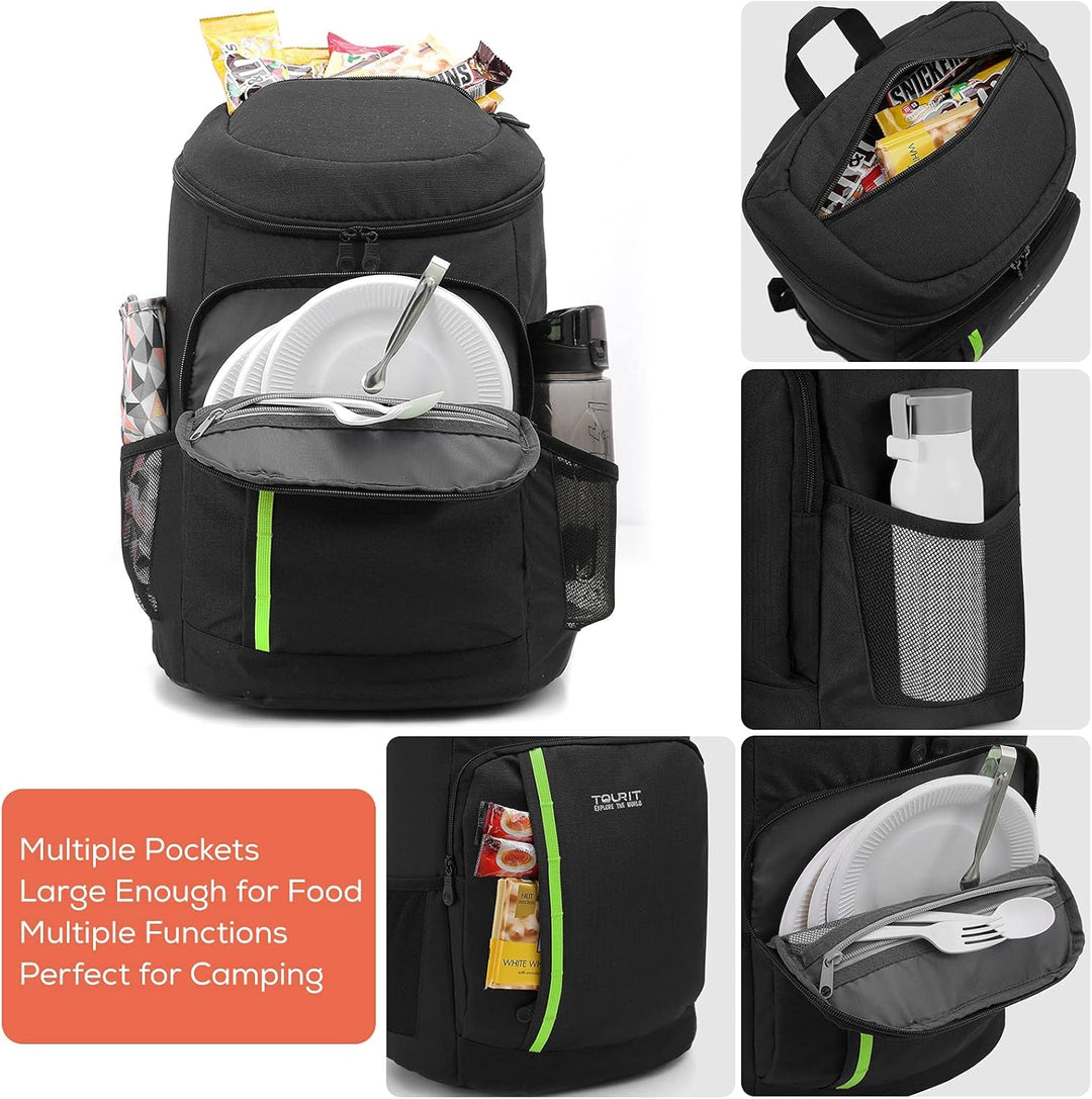 TOURIT 28L Kühler Rucksack Leichter Rucksack mit Flaschenöffner Hält 30 Dosen Schwarz