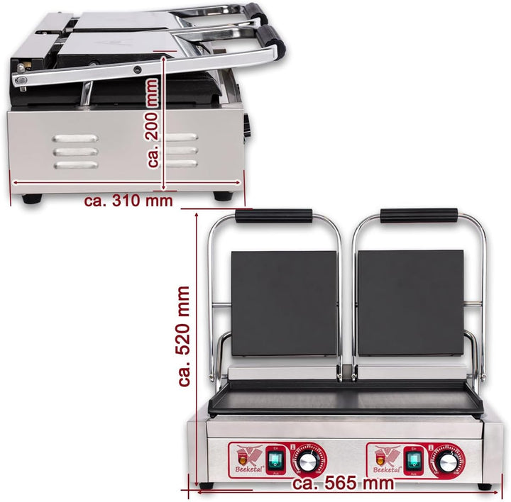 Beeketal 'BKG9' Gastro Doppelt Kontaktgrill mit Gusseisen Grillpatten (oben und unten glatt) mit Fet