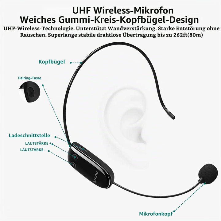 SHIDU Sprachverstärker Tragbarer Bluetooth Lautsprecher mit drahtlosem UHF Mikrofon Headset 10W 1800