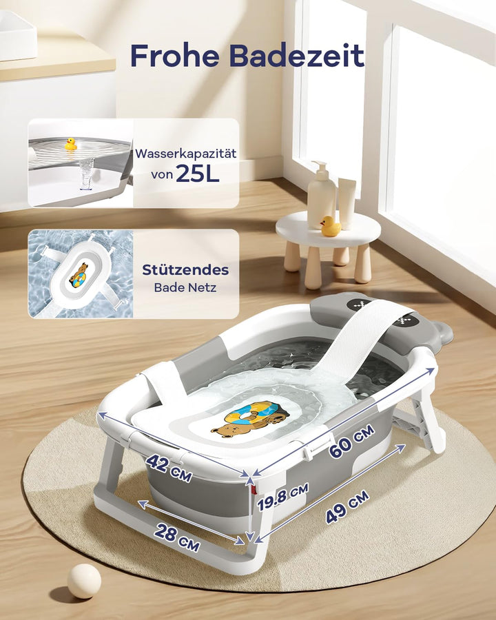COOSEYA Baby Badewanne mit Gestell für 0-18 Monate, Faltbare Babybadewanne mit Stützpolster und Temp