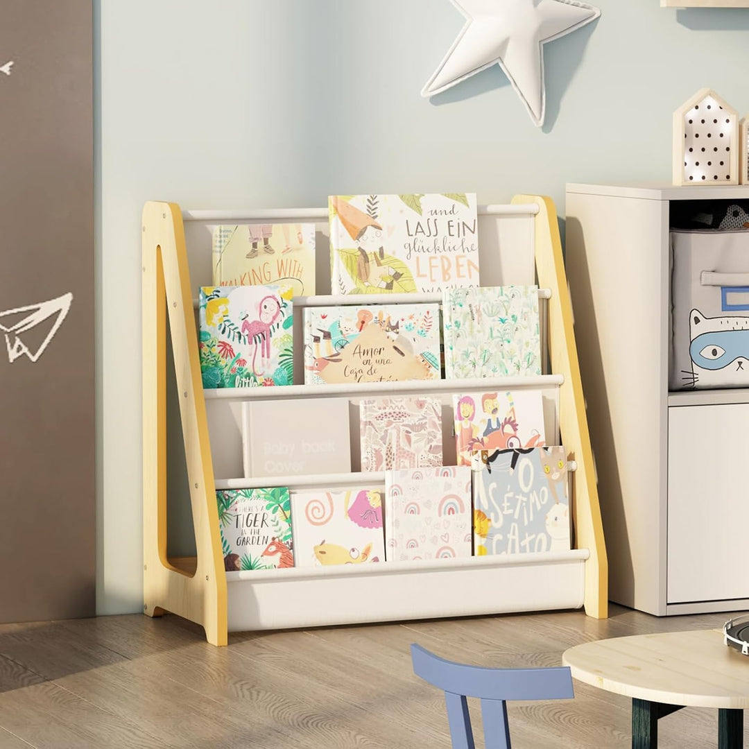 KEEPREAPER Bücherregal Kinder, Kinderregal mit 4 Stofffächern Kinderzimmer Regal 4 Ebenen Bücher-Org