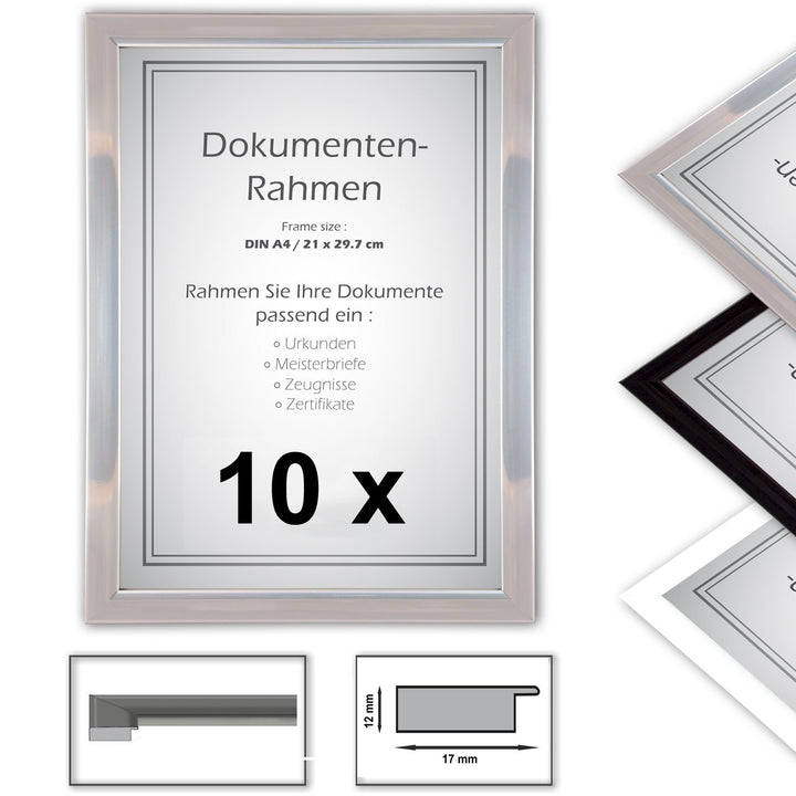 10 x Urkundenrahmen, DIN A4, 21x29,7 Fotorahmen, Bilderrahmen A4,Silber 10 X Silber, 10 X Silber