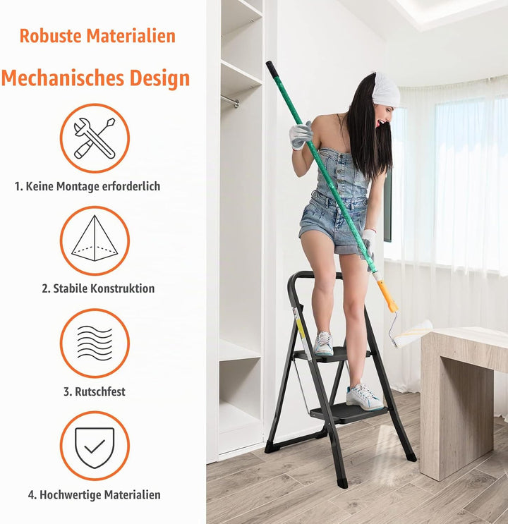 HBTower 2-Stufen-Leiter, Tritthocker mit Anti-Rutsch-Pedal, Tragbare Robuste Trittleiter mit Handläu