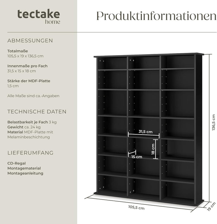 tectake 800860 CD DVD Blu-ray Regal Ständer, 18 flexibel einstellbare Zwischenböden, Medienregal aus