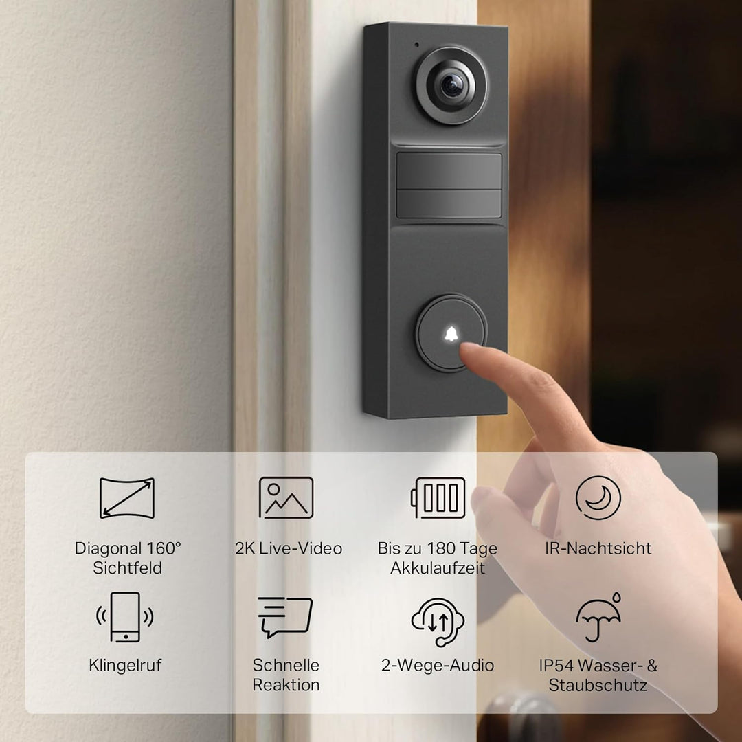 Tapo D205 Akku-Videotürklingel | WLAN Türklingel mit Kamera | 2K, 160° Weitwinkel, Zwei-Wege-Audio |