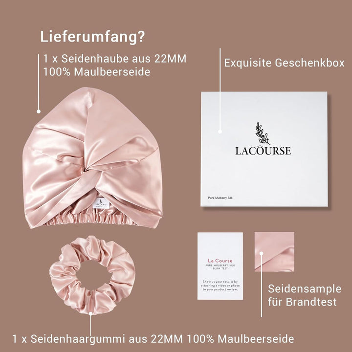 ‌LaCourse Rutschfeste Verstellbare Echte 22 Momme 100% Maulbeerseiden-Seidenhaube zum Schlafen, Dopp