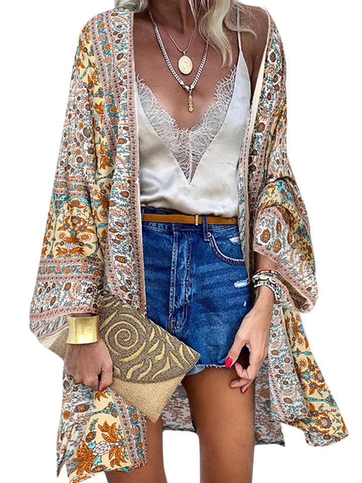 ZANZEA Damen Blumendruck Kimono Strickjacke Boho Strandkleid Pareos Poncho Sommer Strand Cardigan Bi