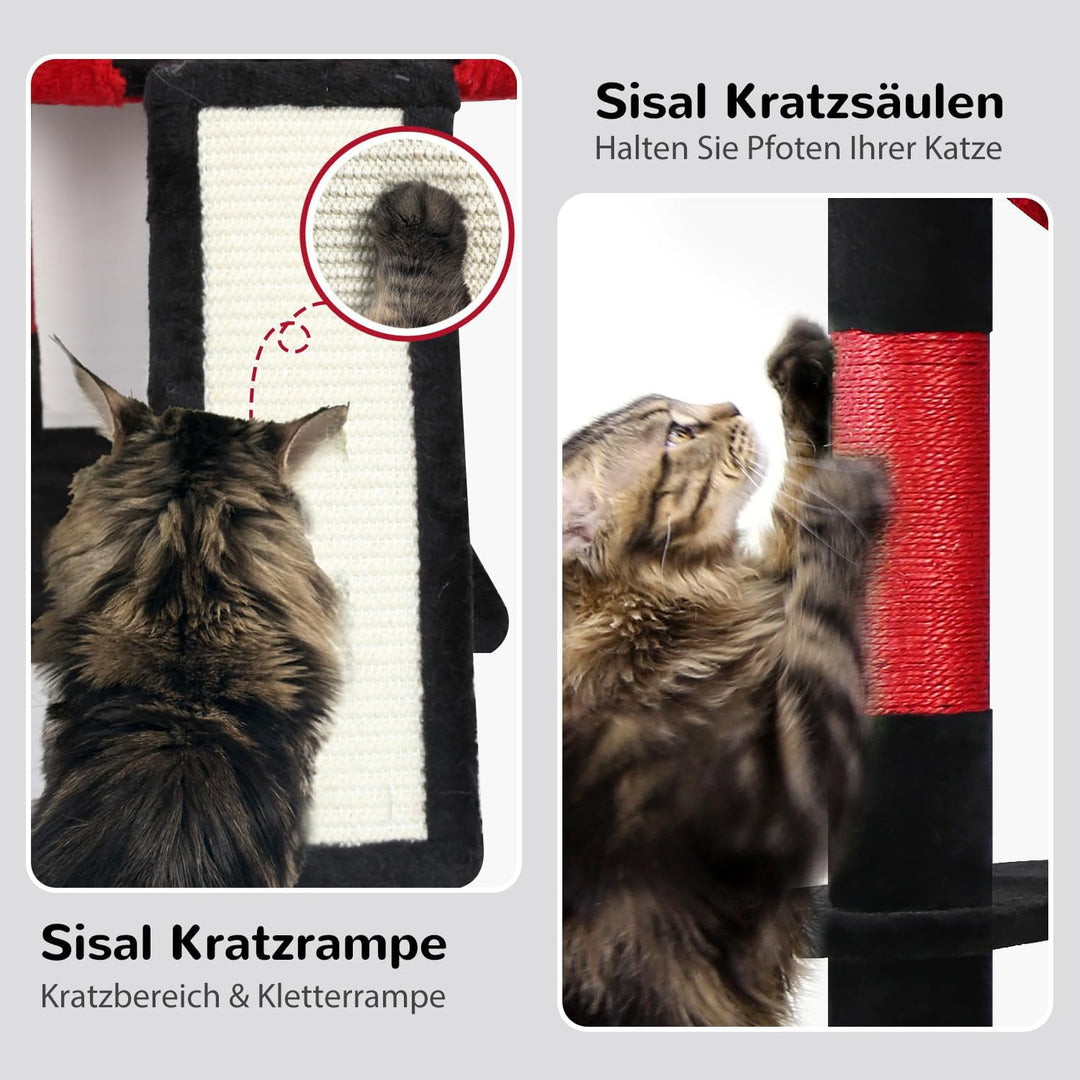 Globlazer Kratzbaum Gotisch Schwarz Rot Grosse hoch 178 cm mit Hängematte Weich, 2 Katzenhaus, Gepol