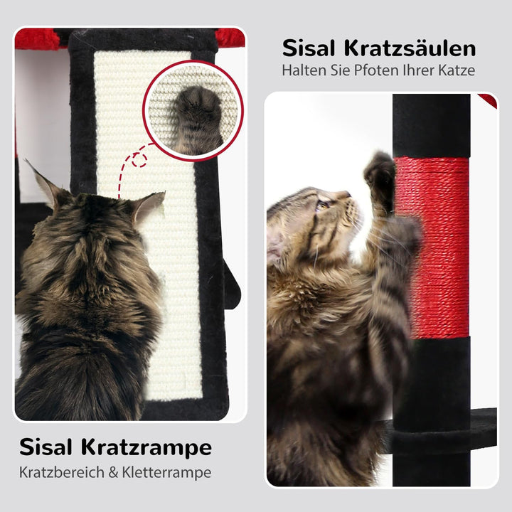 Globlazer Kratzbaum Gotisch Schwarz Rot Grosse hoch 178 cm mit Hängematte Weich, 2 Katzenhaus, Gepol