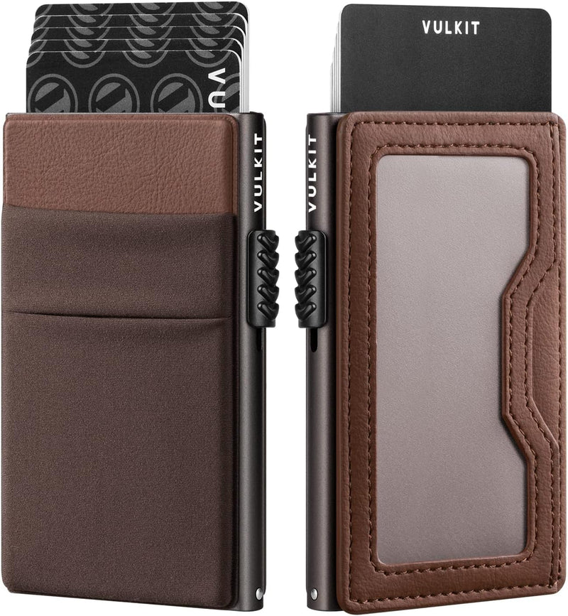 VULKIT Kreditkartenetui mit EDC-Fächern und Ausweisfenster, RFID-blockierende Pop Up Karten Geldbörs