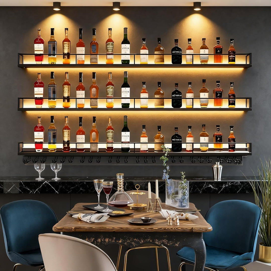 140CM Modernes Wand Weinregal Metall, 3 Ebenen Wandmontage Wine Display-Ständer mit Glashalter, Schw
