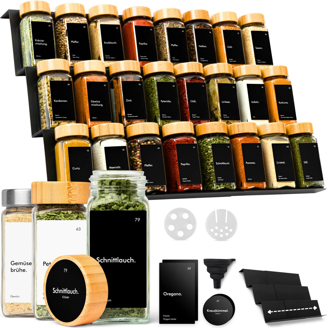 KIVY Gewürzgläser mit Streueinsatz - 24x 120ml + 240 Etiketten - Luftdicht | Wasserfeste Label - Luf