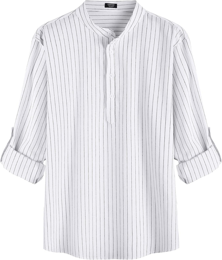 COOFANDY Herren Hemd Langarm Henley Shirt Leinenhemd Baumwolle Casual Regular Fit Sommerhemd Weisse