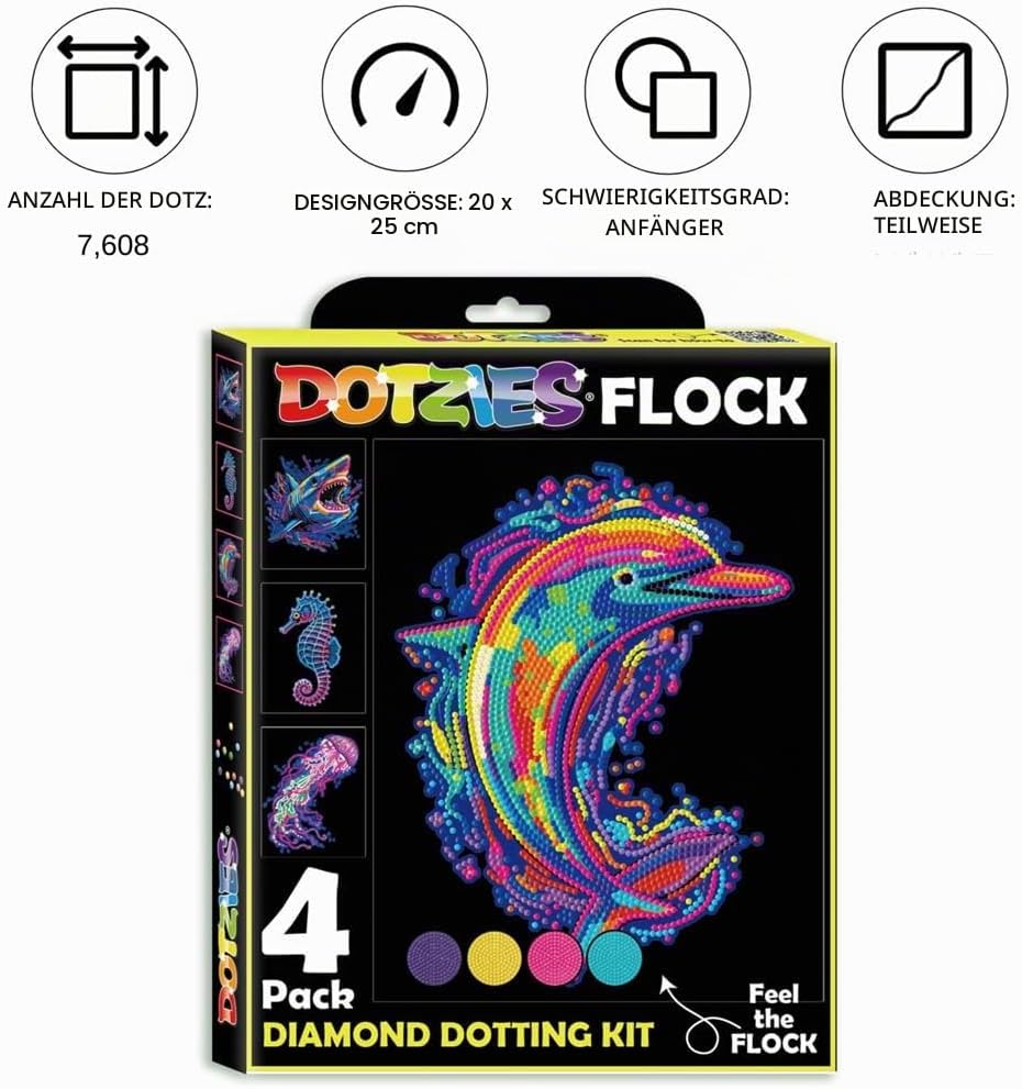 DIAMOND DOTZ DOTZIES 2594445 Original 5D Diamond Painting Set, Neon Meerestiere, 4 bunte Diamant-Bil