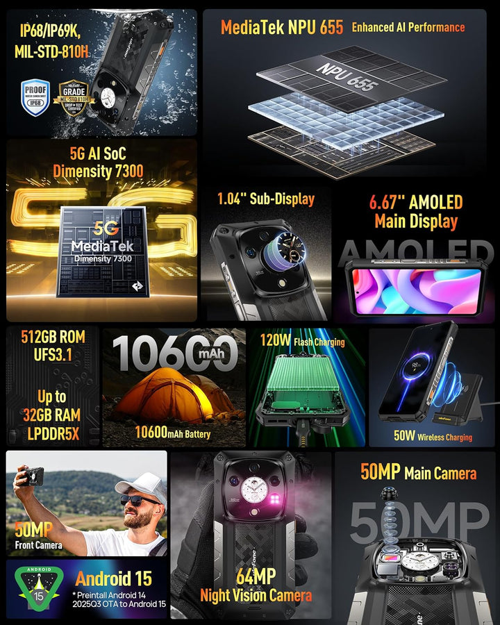 Ulefone Armor 28 Pro Outdoor Handy 5G AI Smartphone 32GB+512GB/SD-2TB, 6,67" FHD+ 120Hz AMOLED+1,04"