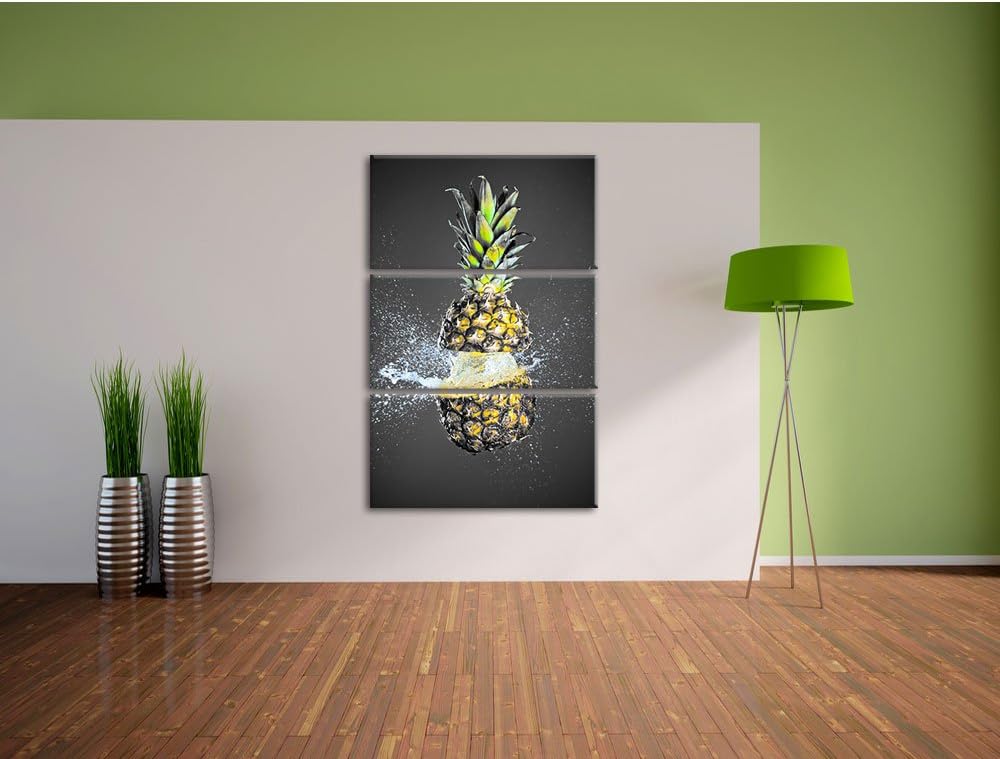Pixxprint Ananas mit Wasser bespritzt als Leinwandbild/Grösse: 3 Teilig (120x80 cm) cm/Wandbild/Kuns