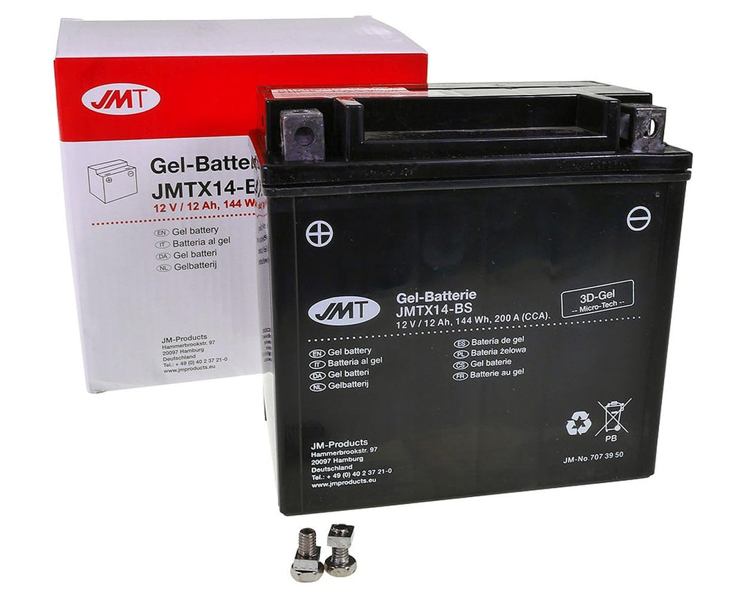 JMT Batterie 12 V 14 Ah (YTX14-BS) [wartungsfrei &amp; versiegelt] kompatibel für Piaggio/Vespa Xevo 250
