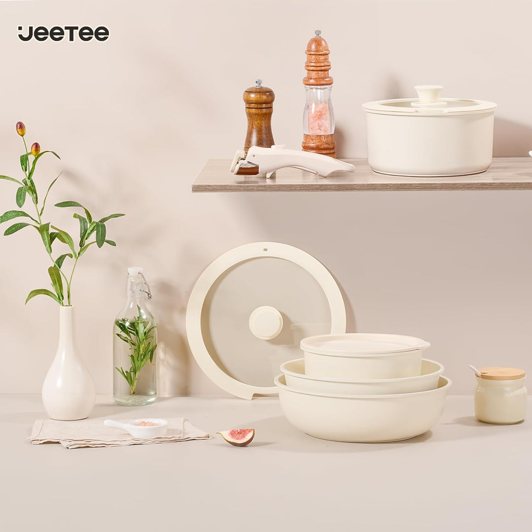 JEETEE Topfset Pfannenset mit abnehmbarem Griff 19-Teilig, Antihaft Topfset Induktion mit Lid, Stape