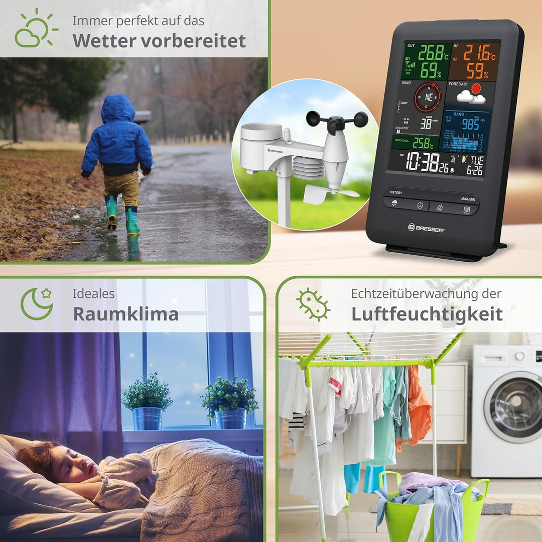 Bresser Wetterstation Funk mit Aussensensor Wetter Center 5-in-1 Beaufort mit grossem Farbdisplay, S