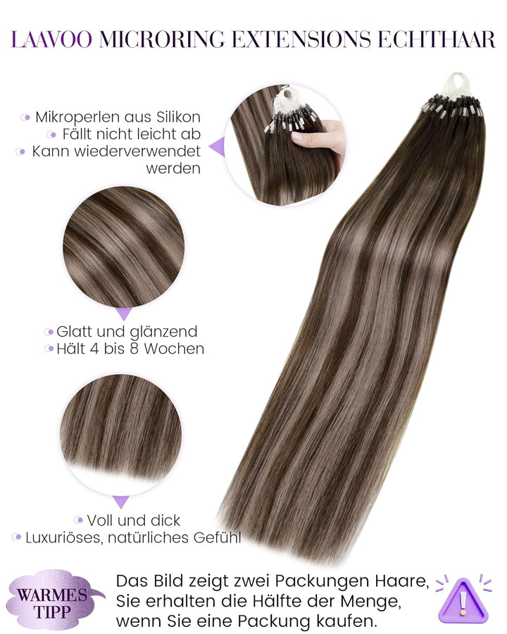 LaaVoo Microring Extensions Echthaar Braun 45cm Remy Haarverlängerung Microrings Echthaar Ombre Dunk