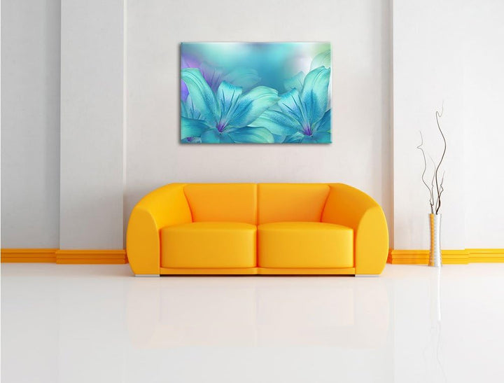 Pixxprint türkise Lilien, Format: 100x70 auf Leinwand, XXL riesige Bilder fertig gerahmt mit Keilrah