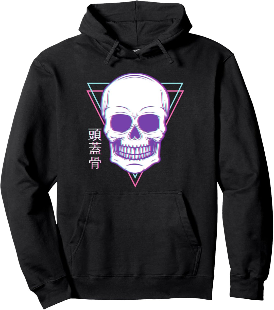 Vaporwave Glitch Ästhetischer Schädel Japanisches Kanji Pullover Hoodie