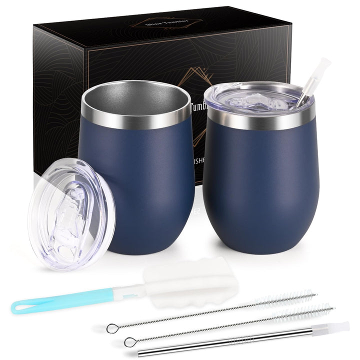 Joymaking 2 Stück Weinbecher Edelstahl, Stemless Weinbecher mit Deckel, Doppelwandige Unbreakable Tr