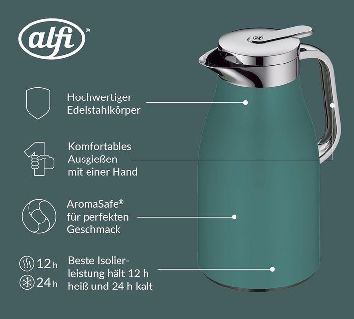 alfi SKYLINE 1,0l, boho green, Edelstahl-Isolierkanne mit hygienischem Hartglaseinsatz, Drehverschlu
