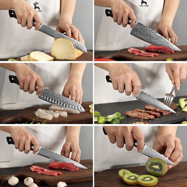 9er Damastmesser küchenmesser Messerblock Set mit Buchenholzmesserblock, Profi Kochmesser Küchenmess