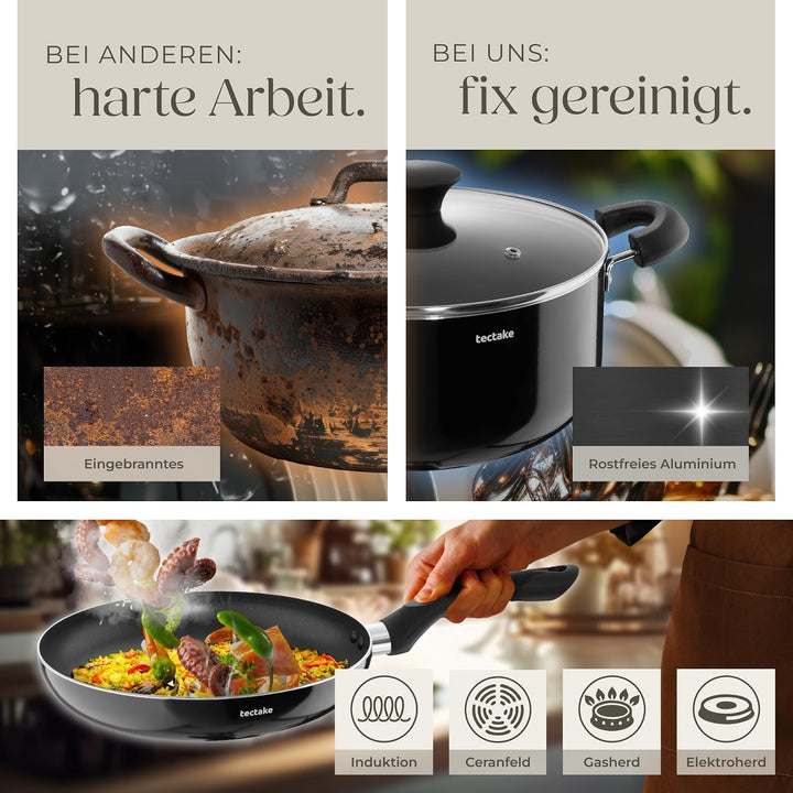 tectake® Küchenstarterset 6 Personen, Steingut Geschirr Set, Teller, 4 Töpfe 2 Pfannen rostfreies Al