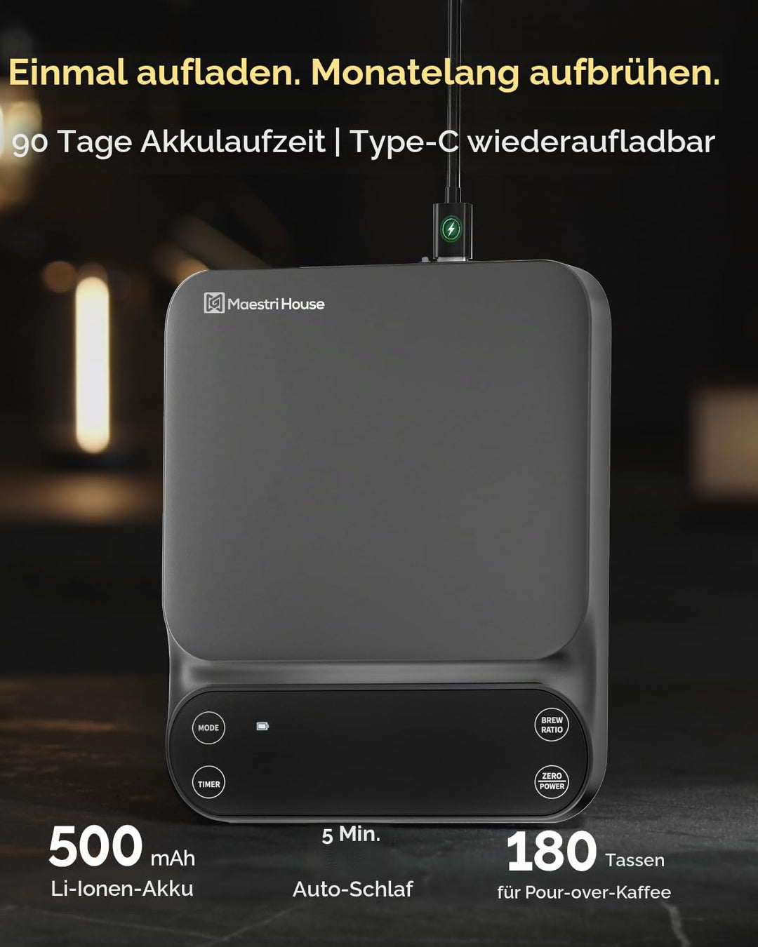 Maestri House S3 Kaffeewaage mit Timer, 3kg/0,1g Wiederaufladbar Digitale Espresso Waage, 3 Brühmodi