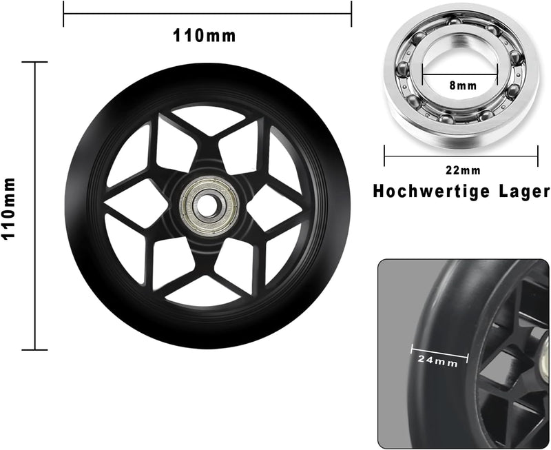 MaxEarn 2 Stück Scooter Ersatzräder 110 mm, Schwarz Stunt Scooter Rollen mit ABEC-9 Kugellager, Härt