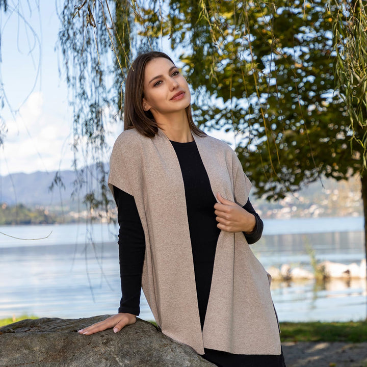 Mantel aus Kaschmir-Mischgewebe für Damen, hergestellt in Italien, Merinowolle Kaschmir, Schwarz, Be