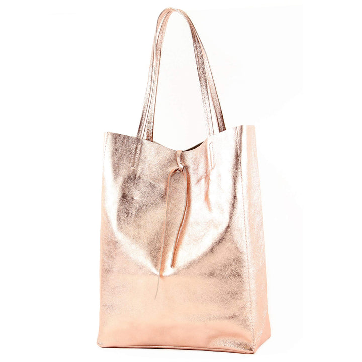 modamoda de - T163 - Ital. Shopper Large mit Innentasche aus Leder Rosé-metallic, Rosé-metallic