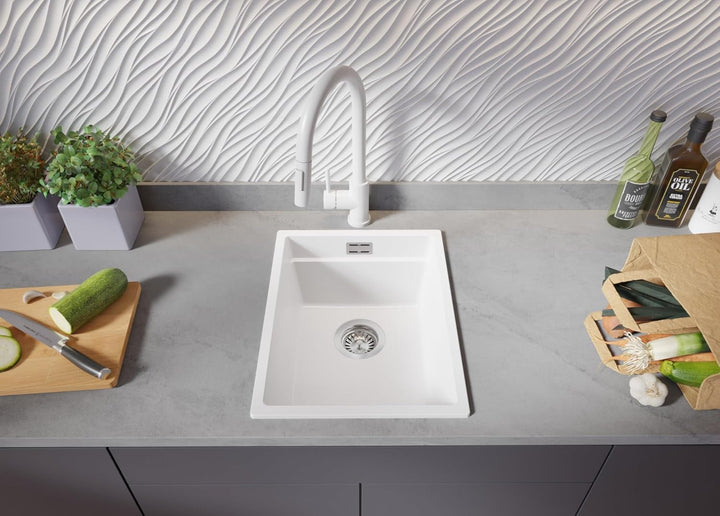 PRIMAGRAN Spülbecken Weiss 36x47cm, Granitspüle 1 Becken + Ablauf-Set, Küchenspüle ab 40er Unterschr