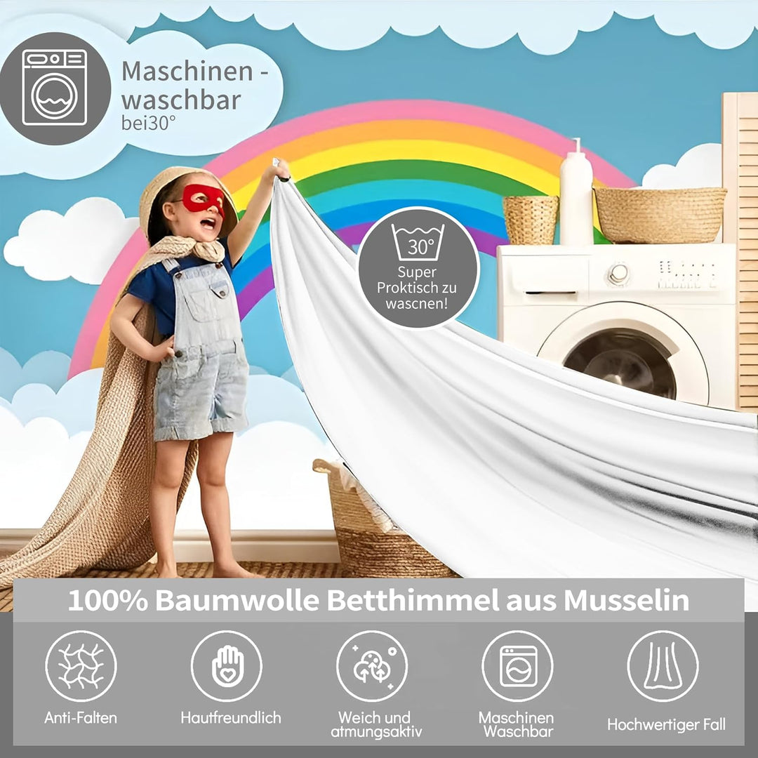 iLuane Hausbett Himmel aus 100% Baumwolle Musselin – Stoffhimmel Deko mit Schleifen – Betthimmel für