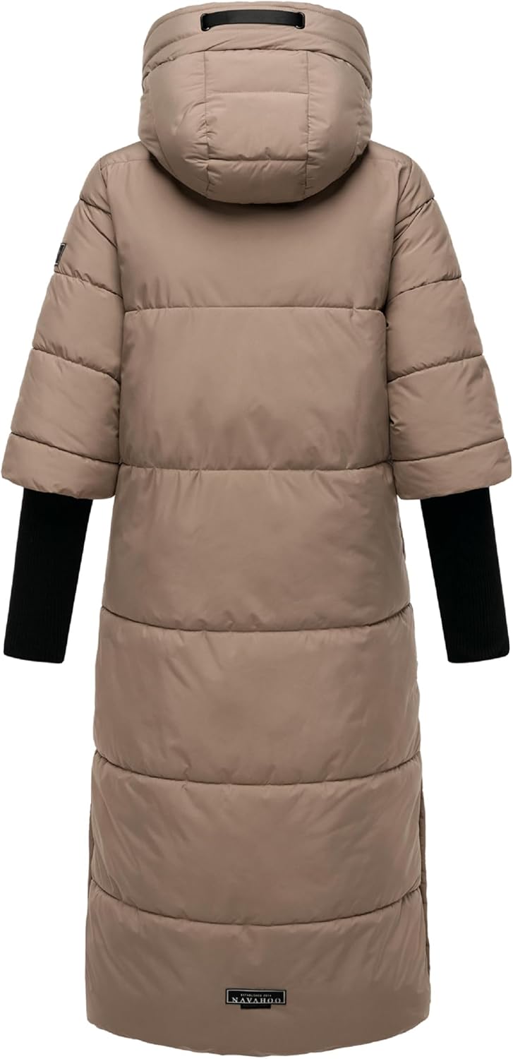 Navahoo Damen langer Wintermantel warmer Steppmantel mit Kapuze und Rippstrickärmeln Ciao Miau XIV X