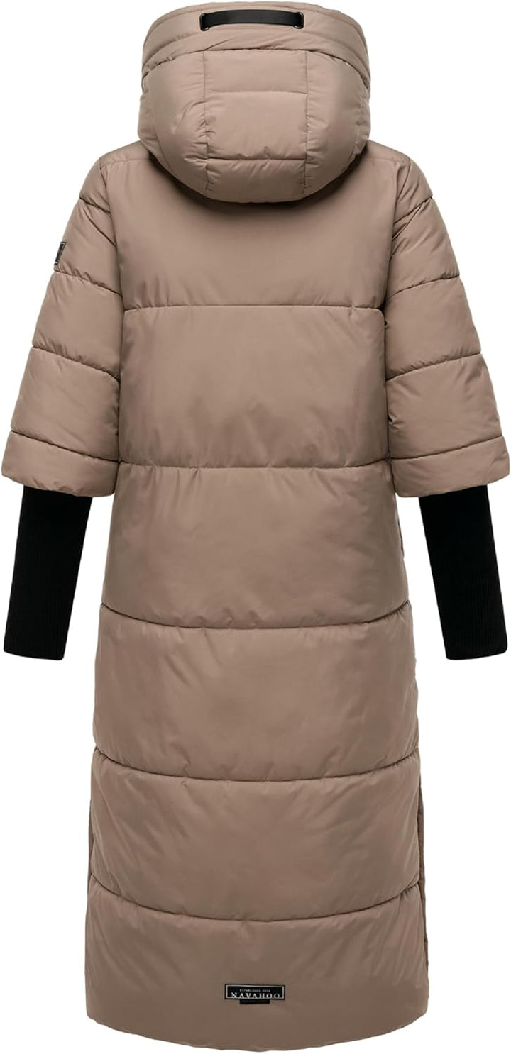 Navahoo Damen langer Wintermantel warmer Steppmantel mit Kapuze und Rippstrickärmeln Ciao Miau XIV X