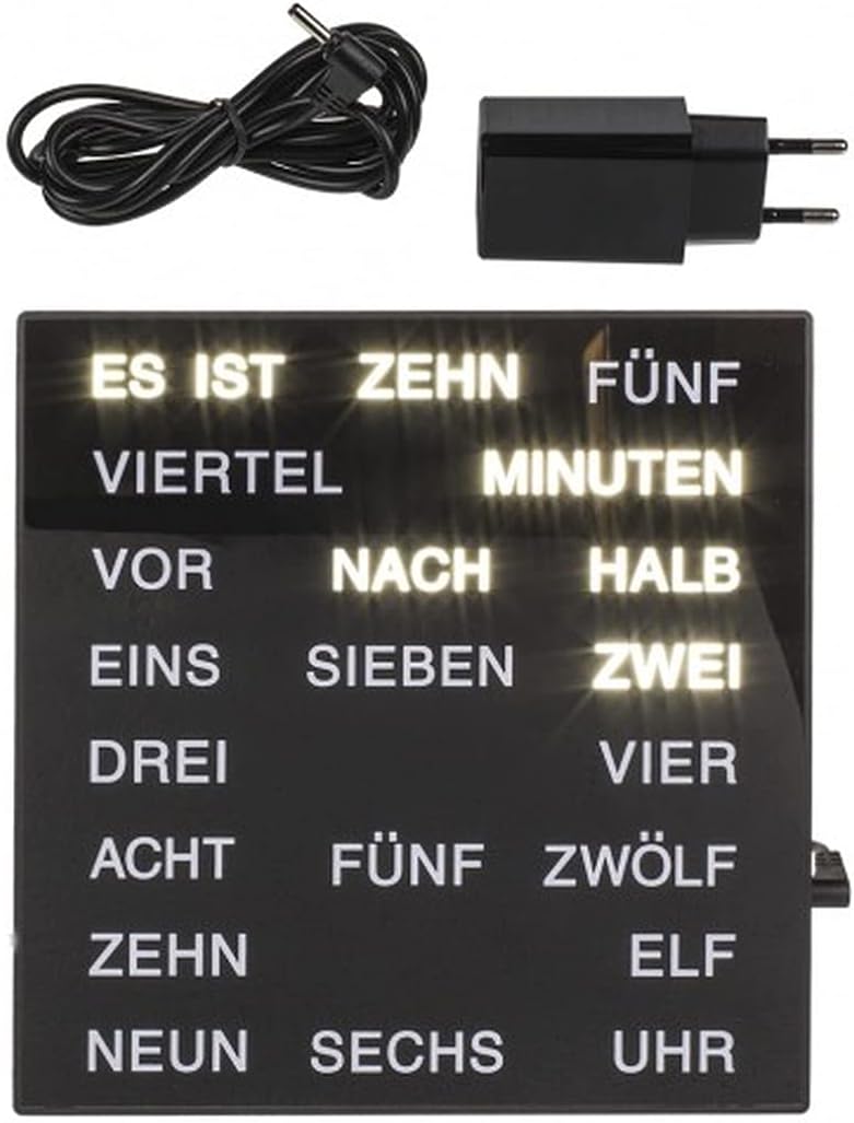 Uhr mit Deutscher LED Wort Anzeige Wortuhr schwarz 20x20 cm Tischuhr Wanduhr