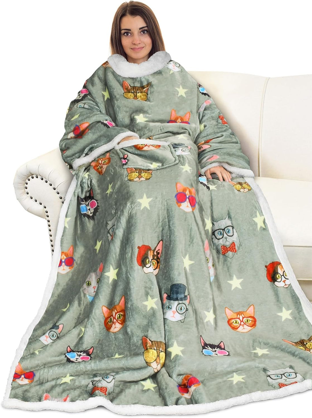 Catalonia Classy Decke mit Ärmeln als Geschenk für Frauen Herren, Flauschig Sherpa Kuscheldecke mit