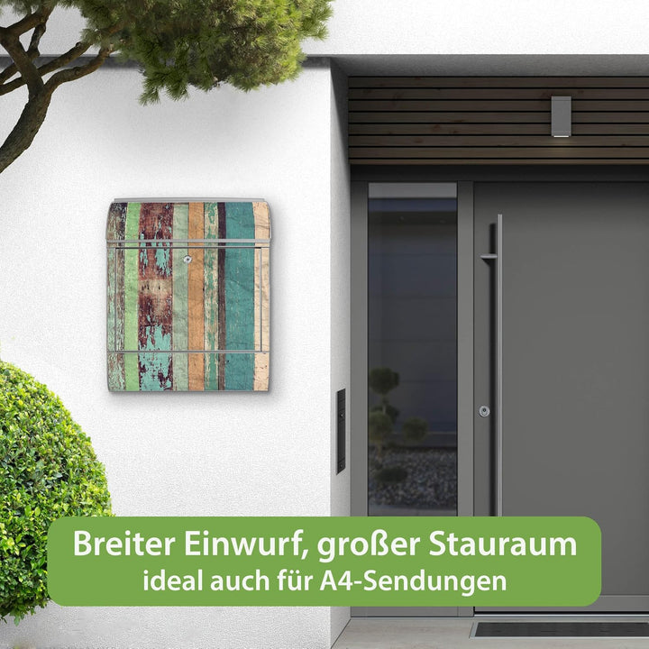banjado® Design Briefkasten mit Motiv Bunte Bretterwand 39x47x14cm &amp; 2 Schlüssel - Briefkasten Stahl