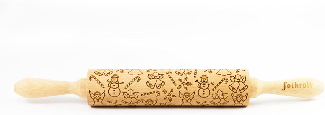 Folkroll 13268 Dekoratives Nudelholz mit 2 Griffen, mittelgross, Motiv Weihnachtsfreude - Glocken, Z