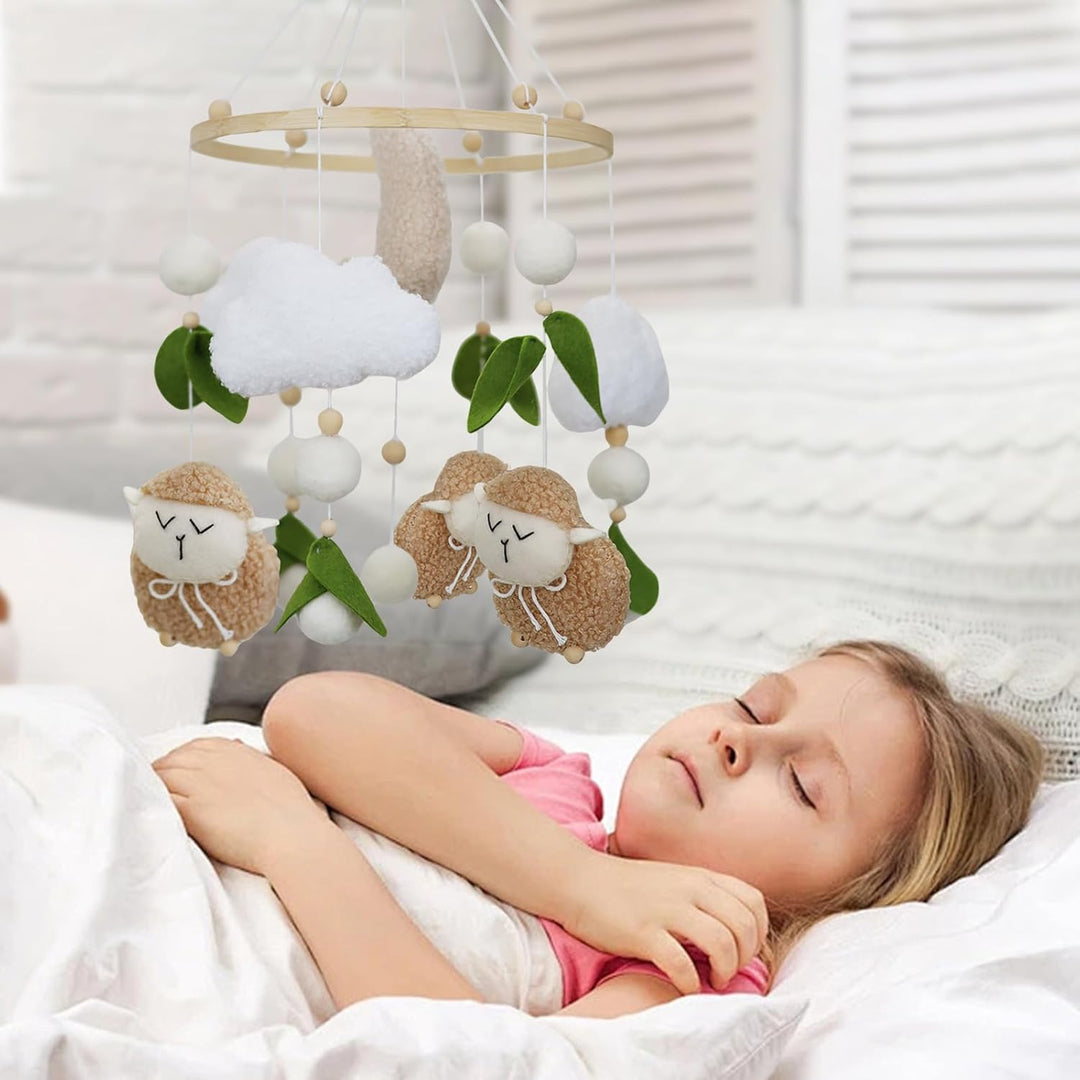 Lamm Mobile Baby Windspiele, 3D Schafe Mond Wolken Mobile Baby Holz mit Filzbällen, Bettglocke Anhän