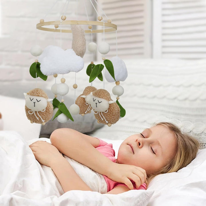 Lamm Mobile Baby Windspiele, 3D Schafe Mond Wolken Mobile Baby Holz mit Filzbällen, Bettglocke Anhän