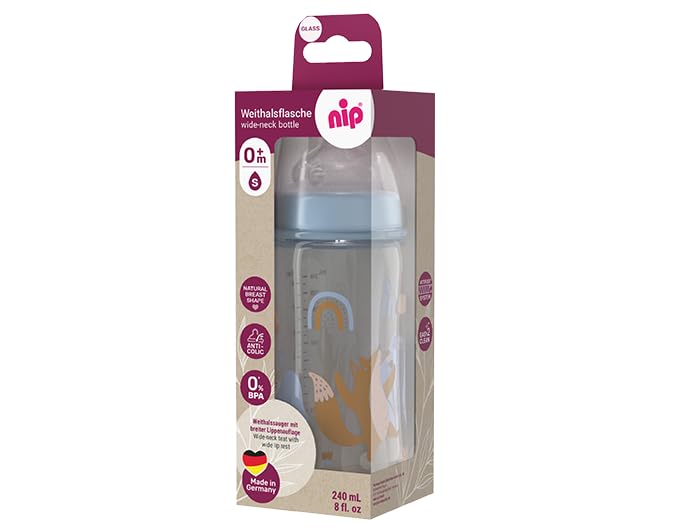 NIP Weithalsglasflasche GLAS Flasche, 2er Set, 120 ml + 240 ml Weithalstrinksauger Silikon, Sauger G