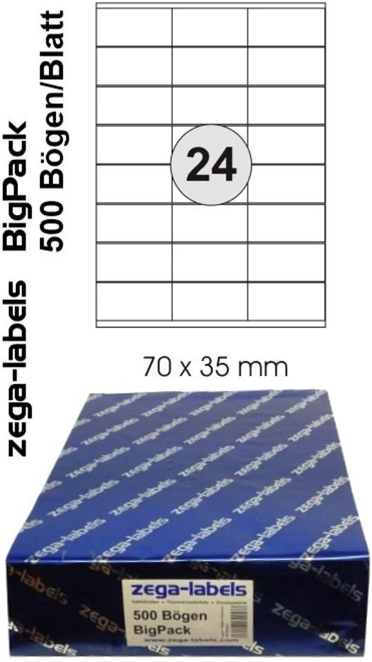 12.000 Etiketten 70 x 35 mm selbstklebend auf DIN A4 Bögen (3x8 Etiketten) - 500 Blatt Bigpack - Uni