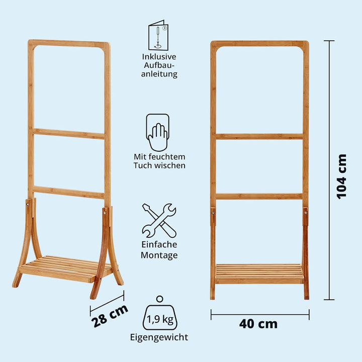 KHG Herrendiener aus Bambus Echtholz für Kleidung, Sackohalter mit Hosenbügel sowie Schuhablage, Stu